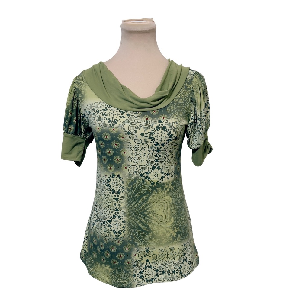 Carrie Allen Paisley Cowl Neck Top Green Small Boho Y2K‎ Casual Feminine Office